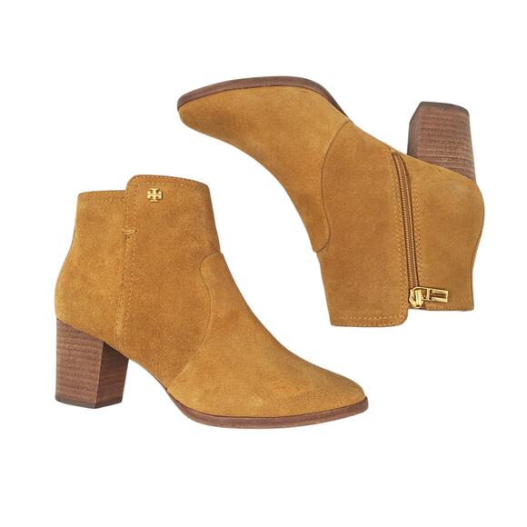 Tory Burch Sabe Heeled Ankle Booties Suede Leather Tan Gold Logo Size US 7 - Picture 1 of 9